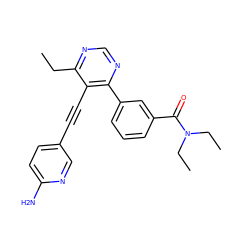 CCc1ncnc(-c2cccc(C(=O)N(CC)CC)c2)c1C#Cc1ccc(N)nc1 ZINC000148749090