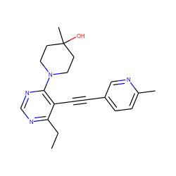 CCc1ncnc(N2CCC(C)(O)CC2)c1C#Cc1ccc(C)nc1 ZINC000149155810