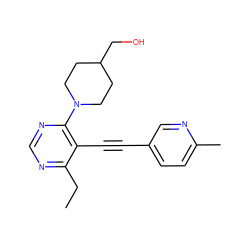 CCc1ncnc(N2CCC(CO)CC2)c1C#Cc1ccc(C)nc1 ZINC000149154046