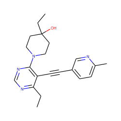 CCc1ncnc(N2CCC(O)(CC)CC2)c1C#Cc1ccc(C)nc1 ZINC000149410450