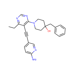 CCc1ncnc(N2CCC(O)(Cc3ccccc3)CC2)c1C#Cc1ccc(N)nc1 ZINC000149211900