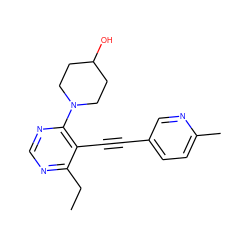 CCc1ncnc(N2CCC(O)CC2)c1C#Cc1ccc(C)nc1 ZINC000149227612