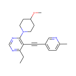 CCc1ncnc(N2CCC(OC)CC2)c1C#Cc1ccc(C)nc1 ZINC000149187474