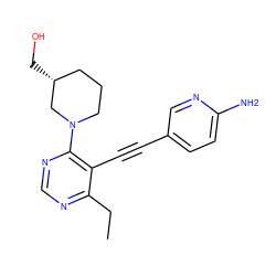 CCc1ncnc(N2CCC[C@@H](CO)C2)c1C#Cc1ccc(N)nc1 ZINC000148837121