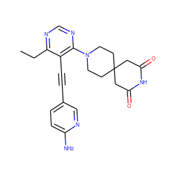 CCc1ncnc(N2CCC3(CC2)CC(=O)NC(=O)C3)c1C#Cc1ccc(N)nc1 ZINC000149211469