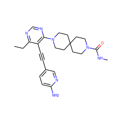 CCc1ncnc(N2CCC3(CCN(C(=O)NC)CC3)CC2)c1C#Cc1ccc(N)nc1 ZINC000149232004