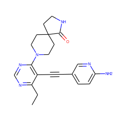 CCc1ncnc(N2CCC3(CCNC3=O)CC2)c1C#Cc1ccc(N)nc1 ZINC000149265139