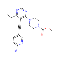 CCc1ncnc(N2CCN(C(=O)OC)CC2)c1C#Cc1ccc(N)nc1 ZINC000149216256