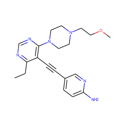 CCc1ncnc(N2CCN(CCOC)CC2)c1C#Cc1ccc(N)nc1 ZINC000149294094