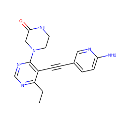 CCc1ncnc(N2CCNC(=O)C2)c1C#Cc1ccc(N)nc1 ZINC000149466461