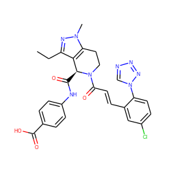 CCc1nn(C)c2c1[C@H](C(=O)Nc1ccc(C(=O)O)cc1)N(C(=O)/C=C/c1cc(Cl)ccc1-n1cnnn1)CC2 ZINC000145850892