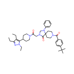 CCc1nn(CC)c(C2CCN(C(=O)CN3CN(c4ccccc4)C4(CCN(C(=O)c5ccc(C(C)(C)C)cc5)CC4)C3=O)CC2)c1CC ZINC000072115303