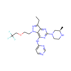 CCc1nn(CCOCC(F)(F)F)c2c(Nc3ccncn3)nc(N3CCN[C@H](C)C3)nc12 ZINC000049071061