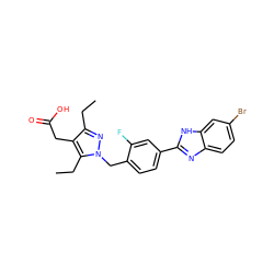 CCc1nn(Cc2ccc(-c3nc4ccc(Br)cc4[nH]3)cc2F)c(CC)c1CC(=O)O ZINC000203688003