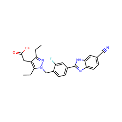 CCc1nn(Cc2ccc(-c3nc4ccc(C#N)cc4[nH]3)cc2F)c(CC)c1CC(=O)O ZINC001772656349