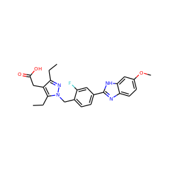 CCc1nn(Cc2ccc(-c3nc4ccc(OC)cc4[nH]3)cc2F)c(CC)c1CC(=O)O ZINC001772649848