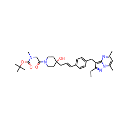 CCc1nn2c(C)cc(C)nc2c1Cc1ccc(/C=C/CC2(O)CCN(C(=O)CN(C)C(=O)OC(C)(C)C)CC2)cc1 ZINC000144187392