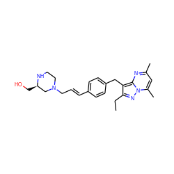 CCc1nn2c(C)cc(C)nc2c1Cc1ccc(/C=C/CN2CCN[C@H](CO)C2)cc1 ZINC000144182699