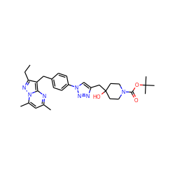 CCc1nn2c(C)cc(C)nc2c1Cc1ccc(-n2cc(CC3(O)CCN(C(=O)OC(C)(C)C)CC3)nn2)cc1 ZINC000144272029