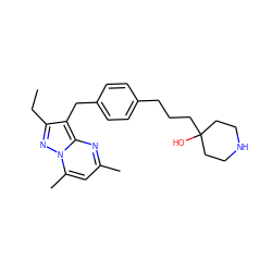 CCc1nn2c(C)cc(C)nc2c1Cc1ccc(CCCC2(O)CCNCC2)cc1 ZINC000144156414