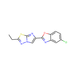 CCc1nn2cc(-c3nc4cc(Cl)ccc4o3)nc2s1 ZINC000653762267