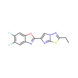 CCc1nn2cc(-c3nc4cc(F)c(F)cc4o3)nc2s1 ZINC000143840469