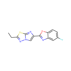 CCc1nn2cc(-c3nc4cc(F)ccc4o3)nc2s1 ZINC000653671207