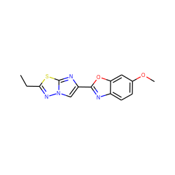 CCc1nn2cc(-c3nc4ccc(OC)cc4o3)nc2s1 ZINC000143839617