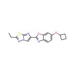 CCc1nn2cc(-c3nc4ccc(OC5CCC5)cc4o3)nc2s1 ZINC000653672888