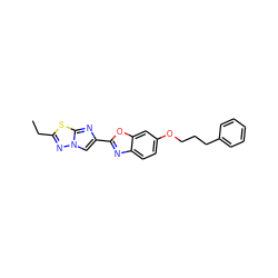 CCc1nn2cc(-c3nc4ccc(OCCCc5ccccc5)cc4o3)nc2s1 ZINC000653684766