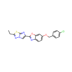 CCc1nn2cc(-c3nc4ccc(OCc5ccc(Cl)cc5)cc4o3)nc2s1 ZINC000653662919