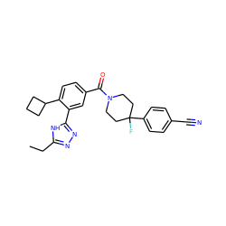 CCc1nnc(-c2cc(C(=O)N3CCC(F)(c4ccc(C#N)cc4)CC3)ccc2C2CCC2)[nH]1 ZINC000150208254