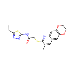 CCc1nnc(NC(=O)CSc2nc3cc4c(cc3cc2C)OCCO4)s1 ZINC000004170926