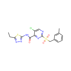 CCc1nnc(NC(=O)c2nc(S(=O)(=O)Cc3cccc(C)c3)ncc2Cl)s1 ZINC000008613902