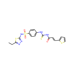 CCc1nnc(NS(=O)(=O)c2ccc(NC(=S)NC(=O)/C=C/c3cccs3)cc2)s1 ZINC000006088684