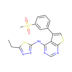 CCc1nnc(Nc2ncnc3scc(-c4cccc(S(C)(=O)=O)c4)c23)s1 ZINC000114808239