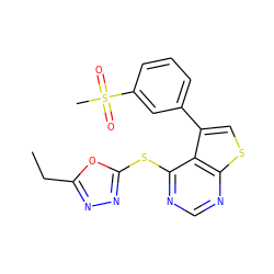 CCc1nnc(Sc2ncnc3scc(-c4cccc(S(C)(=O)=O)c4)c23)o1 ZINC000653773144