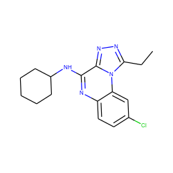 CCc1nnc2c(NC3CCCCC3)nc3ccc(Cl)cc3n12 ZINC000026379163