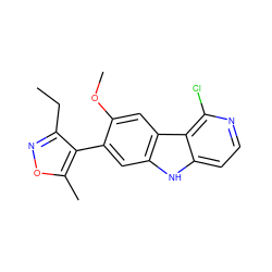 CCc1noc(C)c1-c1cc2[nH]c3ccnc(Cl)c3c2cc1OC ZINC000224892587