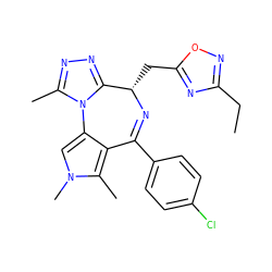 CCc1noc(C[C@@H]2N=C(c3ccc(Cl)cc3)c3c(cn(C)c3C)-n3c(C)nnc32)n1 ZINC000221278574