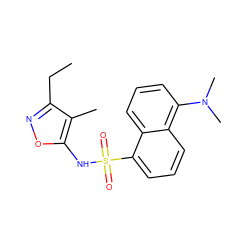 CCc1noc(NS(=O)(=O)c2cccc3c(N(C)C)cccc23)c1C ZINC000013741070