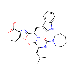 CCc1oc([C@@H](Cc2c[nH]c3ccccc23)NC(=O)[C@H](CC(C)C)NC(=O)N2CCCCCC2)nc1C(=O)O ZINC000028096780