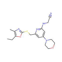 CCc1oc(SCc2cc(N3CCOCC3)cc(NCC#N)n2)nc1C ZINC000043022276