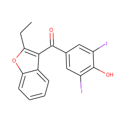 CCc1oc2ccccc2c1C(=O)c1cc(I)c(O)c(I)c1 ZINC000003875456