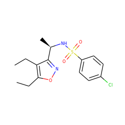 CCc1onc([C@@H](C)NS(=O)(=O)c2ccc(Cl)cc2)c1CC ZINC000143797159