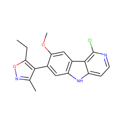 CCc1onc(C)c1-c1cc2[nH]c3ccnc(Cl)c3c2cc1OC ZINC000224899977