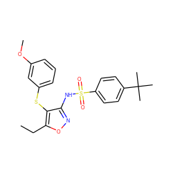 CCc1onc(NS(=O)(=O)c2ccc(C(C)(C)C)cc2)c1Sc1cccc(OC)c1 ZINC000029550466