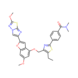 CCc1sc(-c2ccc(C(=O)N(C)C)cc2)nc1COc1cc(OC)cc2oc(-c3cn4nc(OC)sc4n3)cc12 ZINC000223004418