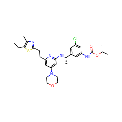 CCc1sc(CCc2cc(N3CCOCC3)cc(N[C@@H](C)c3cc(Cl)cc(NC(=O)OC(C)C)c3)n2)nc1C ZINC000014139887