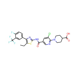 CCc1sc(NC(=O)c2cnc(N3CCC(C(=O)O)CC3)c(Cl)c2)nc1-c1ccc(F)c(C(F)(F)F)c1 ZINC000053314015